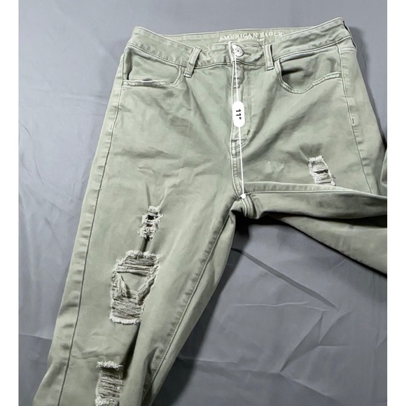 American Eagle Hi-Rise Jegging Olive Green Distressed Super Stretch Jeans Sze 12 - Picture 6 of 11